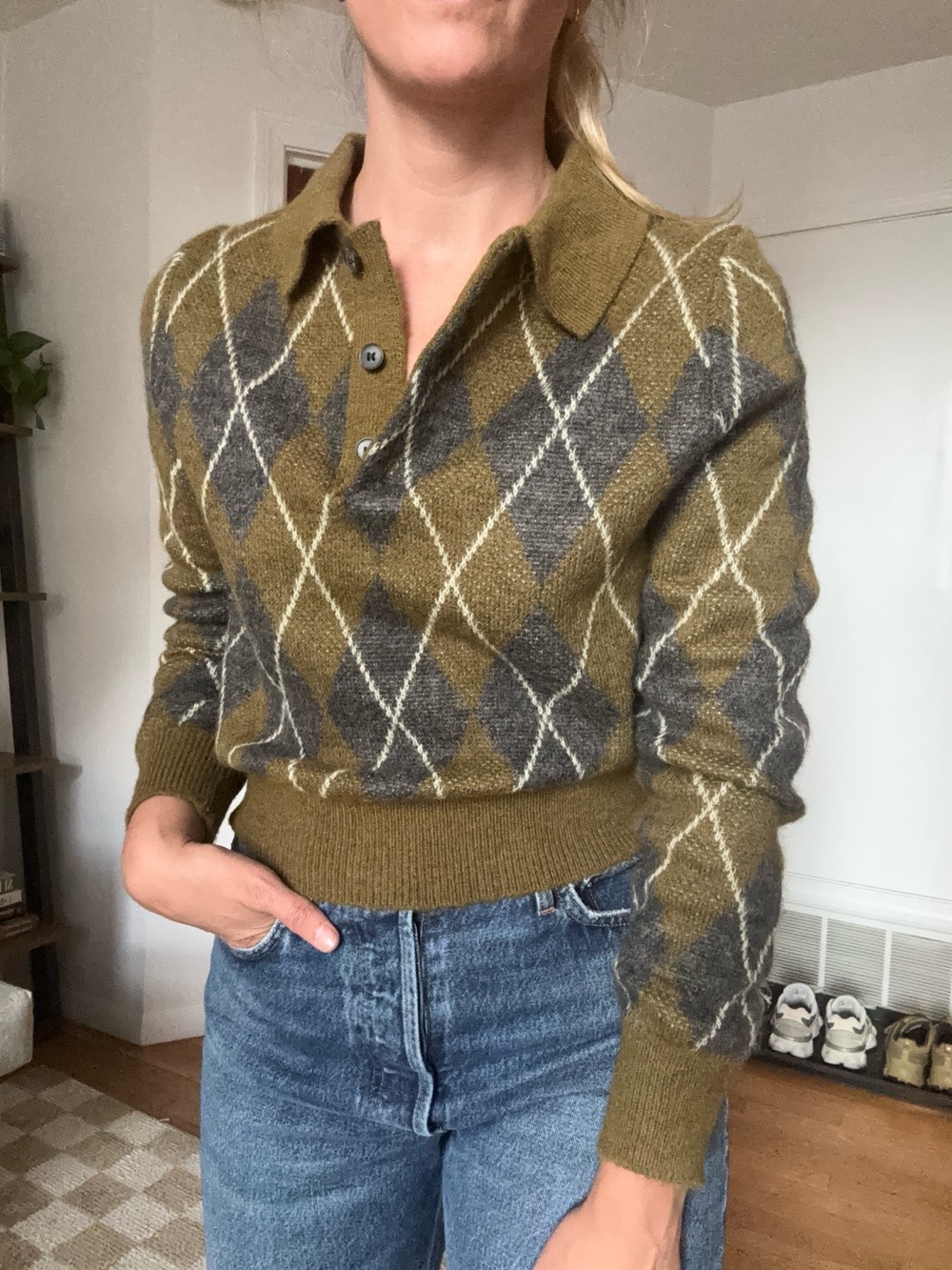 Zara Olive & Gray Argyle Polo Cardigan